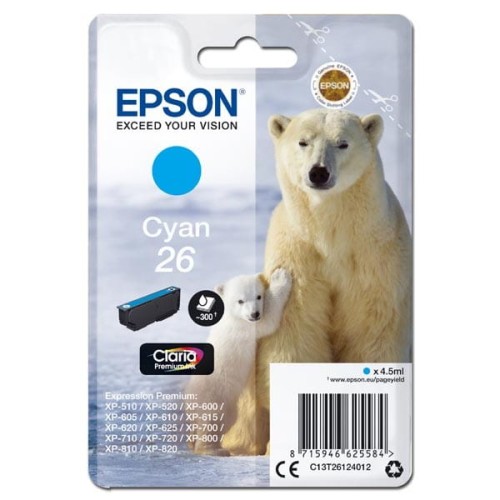 Epson oryginalny ink / tusz C13T26124012, T261240, cyan, 4,5ml, Epson Expression Premium XP-800, XP-700, XP-600